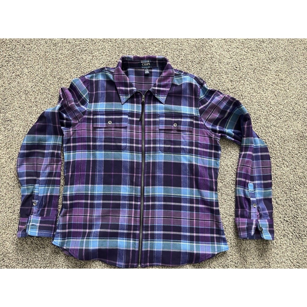 Chaps Womens Top Flannel Shirt Purple Plaid Full Zip Collared Long Sleeve Size L